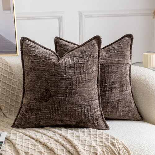 Madizz Decorative Chenille Cushion Covers 45x45 cm Dark Taupe Pack of 2 Throw Pillows for Couch Sofa Boho Accent Pillow Cases for Bed Cushion for Bedroom Living Room Modern Home Decor