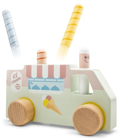 New Classic Toys Woet® Wooden Pop-Up Ice Cream Truck Toy with 4 Puppets | Ice Cream Van Toy, Push Along Vehicle, Pop-Up Activity Toy, Cause&Effect, Educational Toy, Fine Motor Skills, Age 2 Years+