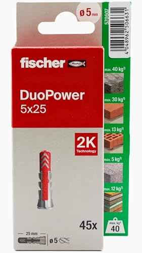 fischer - Duopower 5 x 25-45U, chevilles murales multi-matériaux, pour accrocher des vélos, des cadres, des armoires, des supports de télévision, des étagères, des meubles.