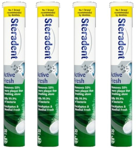 Steradent Active Fresh Denture Cleaning Tablets 120 - Pack of 4 - Removes Stains & Plaque | Kills Bacteria | for Dentures, Retainers & Mouth Guards | Stain Removal & Sterilising