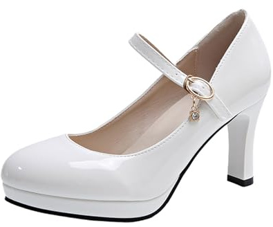 Pumps dam breda fötter skor – eleganta klackskor små med klack bröllopsskor sommar dansskor bekväma halvskor damskor traditionella skor högklackar för remmar Dirndl 36–42, Vit, 42 EU
