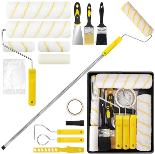18-teiliges Farbroller Set mit Teleskopstange, Malerwerkzeug für Wände & Decken, Lackierwalzen & Malerzubehör, Komplettes Malerset für Innen- & Außenmalerarbeiten