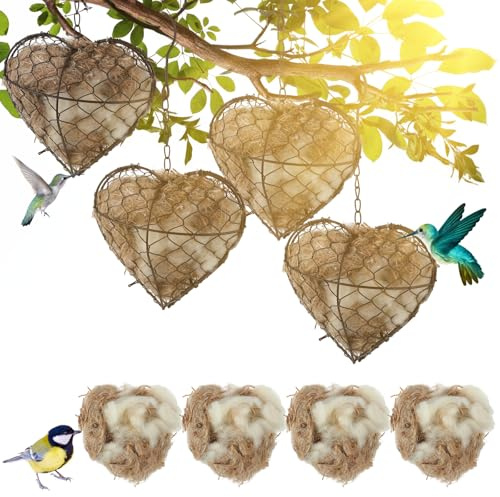 Menkxi 4 Pcs Bird Nesting Material, 9 x 7 Inch Hummingbird Nest House Nesting Material Bird for Outside, Gift Design for Animal Lovers, Spring Fowl Gifts in Indoor Patio Garden (Heart Shaped)