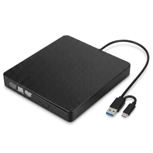 MAKA Lettore Masterizzatore CD DVD Esterno USB 3.0 e Type-C, Drive Ottico Portatile Ultra Slim Plug & Play per PC e Notebook, Compatibile USB-A e USB-C, Nero (A)