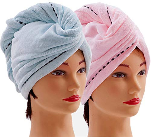 CAIHONG Haarturban Mikrofaser Handtuch - Super Saugfähiger Turban mit Knopf, Schnelltrocknend für Lange Haar (Blau, Rosa, 2 Stück)