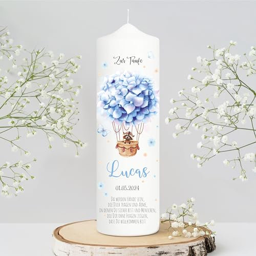 Wandtattoo Loft Taufkerze Jungen mit Taufspruch, Motiv Heißluftballon aus blauen Blumen, 25cm x 7cm, personalisierte Kerze, bedruckte Kerze zur Taufe, Stumpenkerze, Geburtskerze, Taufgeschenk