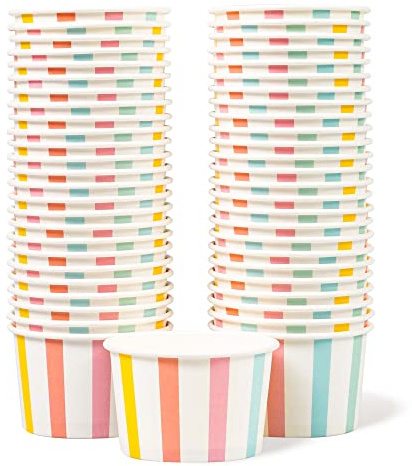 MATICAN Paper Ice Cream Cups, 50-Count 5.5-Oz Disposable Dessert, Snack Bowls for Hot or Cold Food, 5.5-Ounce Party Supplies Treat Cups for Sundae, Frozen Yogurt, Soup, Pastel Stripes