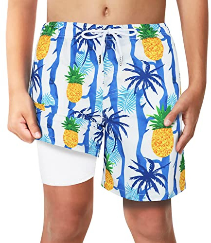 LUCOWEE Toddler Boys Palmtree Pineapple Swim Trunks with Boxer Brief Liner Anti Chafe No Mesh Swimming Shorts Compression Lined 4-Way Stretchy UPF Quick Dry Swimsuit Size 5T 5-6