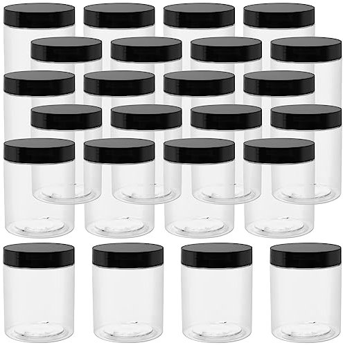 CHEUKYIU 24 Stück 250ml Einmachgläser Kunststoff Klar Vorratsbehälter Schwarz Luftdichte Schraubgläser mit Deckel Slime Behälter für Küche zu Hause Lebensmittel Spice Cosmetic Slime