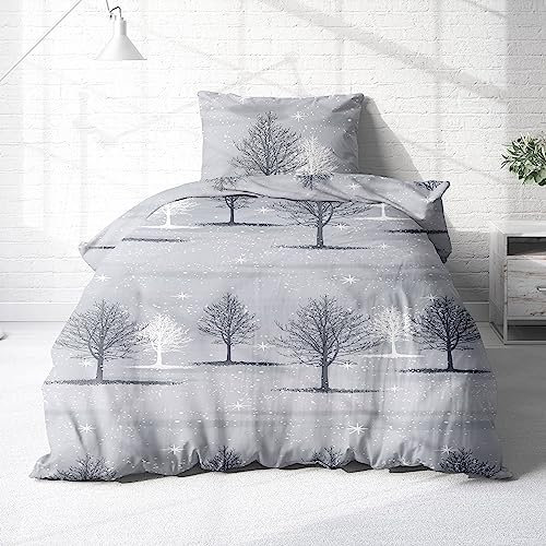 Träumschön Biber Bettwäsche Set 2tlg 135x200 cm + 80x80 cm – Flauschige Weihnachtsbettwäsche Grau – Weiche Winterbettwäsche mit Bäumen - Atmungsaktiv, Warm & Hautfreundlich - 100% Baumwolle