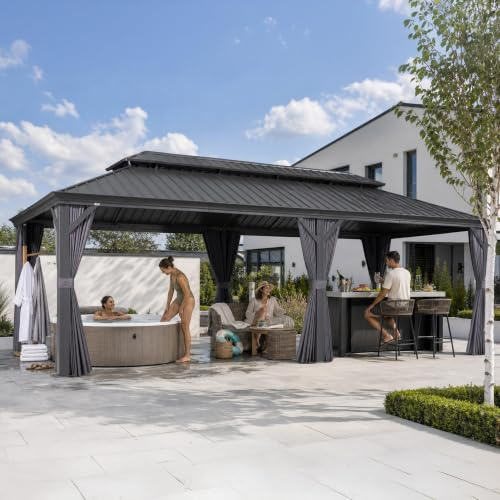 PURPLE LEAF Tonnelle de Jardin 6 x 4,25 m, Pergola Jardin Extérieur Toit Double en Acier Galvanisé, Tonnelle avec Moustiquaire 260 g/m² et Rideaux, Gouttière Intégrée et Poteaux Renforcés, Gris
