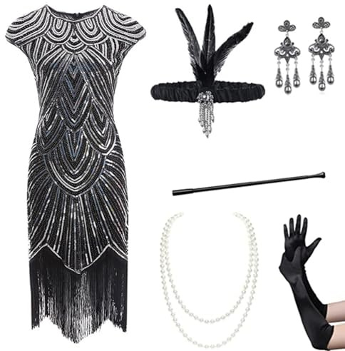Gammify - Abito da sera da donna anni '20, con scollo a V, con paillettes, perline e frange, set di accessori anni '20