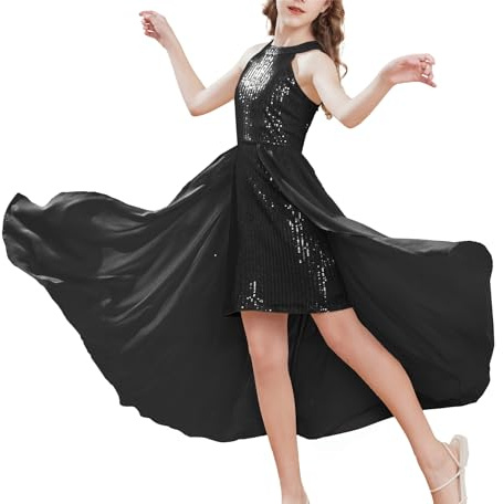 GRACE KARIN Kinder Sweet Elegant Knielang A-Linien Kleider für Frühling Herbst Winter Casual Kurzarm Solid Farbe Kleid mit Netz Schwarz 10-12 Jahre