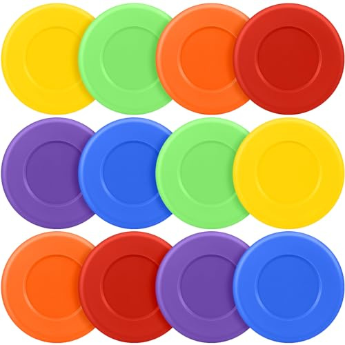 RoundFunny 12 12/24 Pcs Assorted Ice Hockey Pucks Diameter 3 Thickness 1 Lightweight Hard Hollow Plastic Pucks for Practicing and Training Street Hockey Puck Balls for Indoor (Bright)