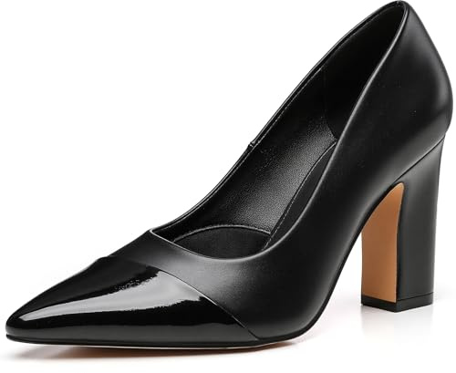 Trary Black Heels Closed Pointed Toe Chunky Pumps Shoes Women Comfortable Block High Heels Slip-On Office Party Wedding Dress Women's Shoes 3.54 Heel Size 7.5