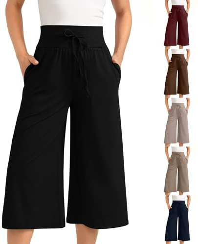Women Cropped Trousers UK Sale Clearance, Ladies Capri Pants Wide Leg Culottes Pants Drawstring High Waist Capris 3/4 Length Stretch Pull On Trouser Joggers Sweatpants Palazzo Trousers with Pockets