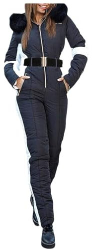 Dam one-piece skidoverall med pälskrage utomhussport dragkedja overaller bomull bodysuitski kostym vinter huva parkas jumpsuit svart L, Svart, L