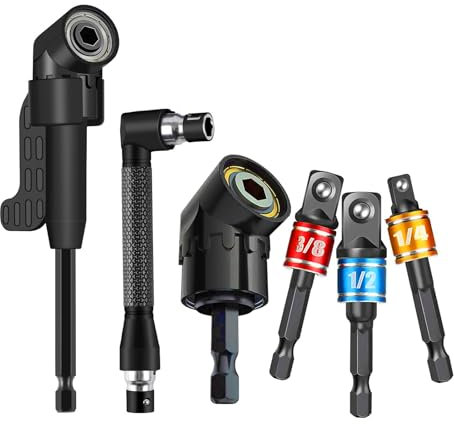 6Pcs Tools Right Angle Drill Attachment Includes 3Pcs Drill-Bit-Kit Joint Socket 1/4 3/8 1/2 in Hex Socket Adapter, 2Pcs Hex Shank 105° Angle Drill Adapter, 90° Angled Bits