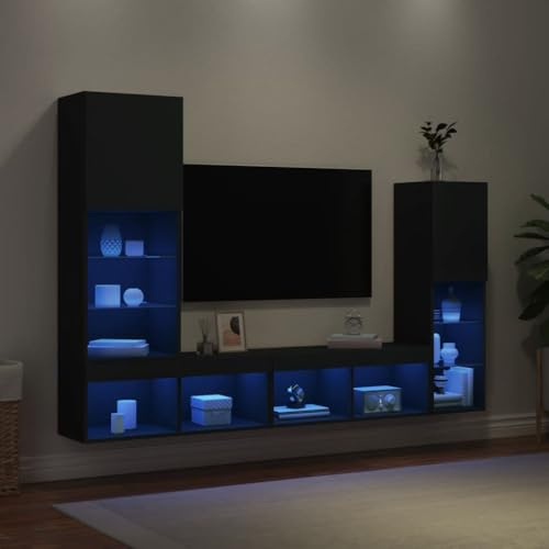 Juroupi Mobili TV a Muro con LED 4pz Neri in Legno Multistrato, Pareti Attrezzate, Moderni -3216655