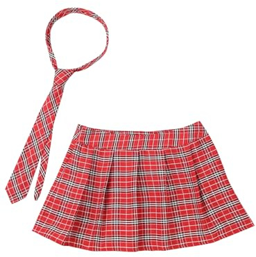 Riismen Damen Minirock Falda Línea A Falda De Cuadros Plisada con Corbata Disfraz De Colegiala Conjunto Disfraz Halloween Carnaval Carnaval Rojo S