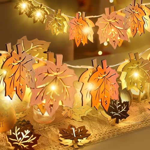 YdseozOA 1,5 m höstdekoration, ljuskedja, trä lönnblad, 10 lysdioder, konstgjorda lönnblad, höst, hängande girlang för halloween, Thanksgiving och juldekoration