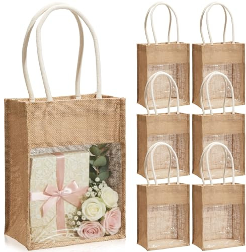Dansydaisy 6 Pcs Burlap Tote Bags Reusable DIY Jute Bag Blank Tote with Handles for Wedding Bridal Baby Shower Party(Horizontal,9.1 x 6.3 x 5.1 Inch)