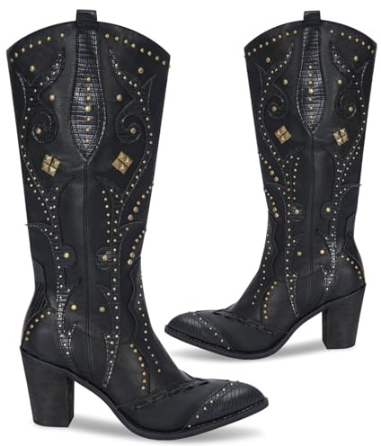 Women's Western Cowgirl Boots - Black Leather Pointed Toe Boots with Studded Detailing, Chunky Heel, Embroidered Mid-Calf Design for Rodeo, Festival & Night Out (Black, standard, Adult, Women's, 9.5, Digital, US Shoe System, Medium (Medium))