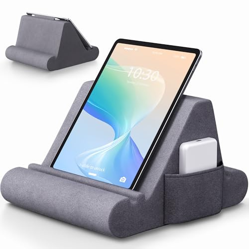 Lucrave Tablet Pillow Stand, Soft Pillow Pad for Lap, Tablet Holder Dock for Bed with 3 Viewing Angles, Pocket, Stylus Mount, Compatible with iPad Pro 13, 10.5, 9.7 Air, Mini, Galaxy Tab, E-Reader