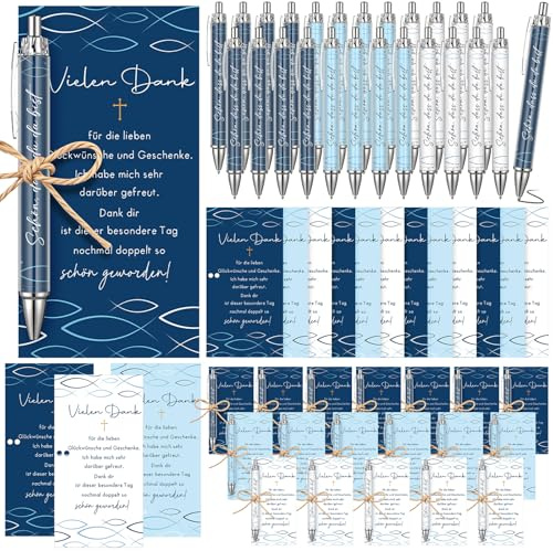 Tenare 24 Set Regalo Comunione 24 Biglietti di Ringraziamento 24 Penne Schön Dass Du da Bist Motivo Pesce Regali per Ospiti, Decorazioni Tavola Comunione Ringraziament