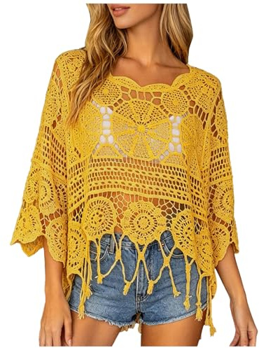 Tunique de Plage Femme Bikini Cover Up - Haut en Crochet Bohème à Franges, Pull Transparent Ajourée Blouse Tricotée Coupe Ample Top Maillot de Bain Robe Boho Crochet Top Été