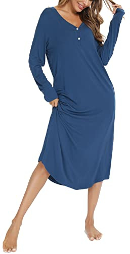 Vlazom Camicia da Notte Lunga Donna Manica Lunga con Bottoni Davanti Scollo a V Invernali Taglie Forti，A-Blu Cobalto，XL
