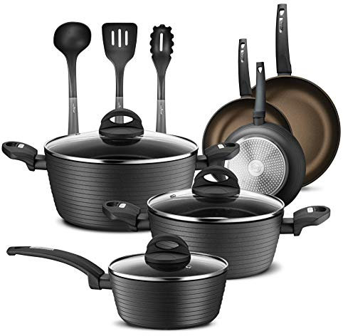 NutriChef NCCW12S.5 Kitchenware Pots & Pans Kitchen Cookware Stylish Metallic Ridge-Line Pattern, Non-Stick (12-Piece Set), 18/8 Stainless Steel, Gray