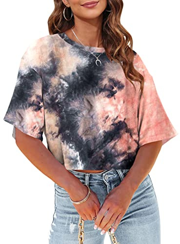 Tankaneo Womens Half Sleeve Tie Dye Cropped T-Shirts Drop Shoulder O-Neck Crop Tops Summer Casual Basic Print Tees