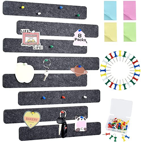 Vuzvuv 8 Stück Dunkler Gery Pinnwand Bar Streifen Korkplatte,Kleine Filz Pinnwand Selbstklebend mit 50 pushpins und Haftnotizen für Foto Hängen,Bulletin Tafeln Heimdekoration Wanddeko für Notizen Büro