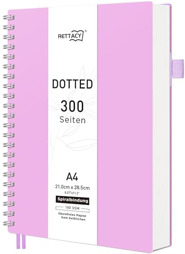 RETTACY Anteckningsbok A4 Dotted, bullet journal spiral-anteckningsbok med prickade 300 sidor, mjukt omslag ringbok 100 g/m² tjock för kvinnor och män arbete kontor skola, 14,5 x 21 cm – lila