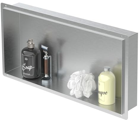 LuxeBath Nicchia a Parete senza Cornice in Acciaio Inossidabile 60x30x10 cm Argento Nicchia da Muro senza Bordo per Bagno Ripiano da Incasso senza Telaio per Doccia Contenitore per Utensili da Bagno