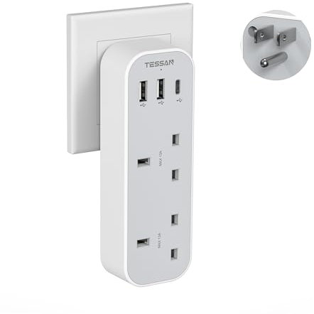 UK to US Plug Adaptor with USB C, TESSAN 2 Way USA Travel Adapter with 3 USB Charger, Type B Adapter to American, Mexico, Canada, Thailand, Jamaica
