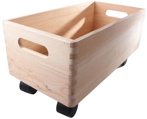 WooDeeDoo Oblong Wooden Underbed Storage Box on Wheels 40 x 20 x 19 cm – Plain Pine Chest with Handles – Open Top 8L Crate for Clothes Toys Linen Crafts Bedroom Bathroom Kitchen Garage Loft