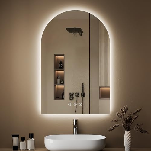 OUMUSU Arched Backlit Mirror Bathroom 24x36- Frameless LED Bathroom Mirror with Lights, Fogless, Dimmable, 3 Color Changing, Shatterproof, Touch Sensor
