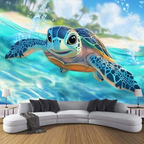 Papier Peint Panoramique Soie Sur Mesure, 3D Motif Mignon Papier Nager Tortue Muraux Tapisserie Photo Décoration, ‎150X105Cm (L×H) Chambre Adulte Enfant Poster Geant Mural