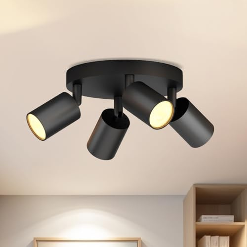LVWIT Faretti LED da Soffitto Orientabili Nero,Faretto LED Interno con 4 Luci in Alluminio GU10, Orbicolare Base, Faretti da Soffitto Moderna Industriali per Barra, Salotto, Cucina (Senza Lampadina)