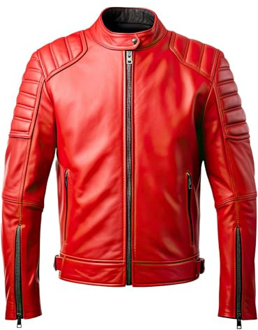 TRESSANO Giacca da motociclista trapuntata da uomo, in pelle di agnello rossa, stile vintage retrò Cafe Racer, Rosso, X-Large