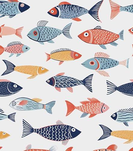 Fish Wallpaper Peel and Stick, Colorful Fishes Contact Paper 17.5 x 118, Blue and Pink Sea Wall Paper Self Adhesive Removable Waterproof for Children's Room Bathroom Shelves Cabinet Table Decor