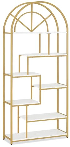 Barberpub Bücherregal Gold, Standregal mit 7 Ebenen, Büroregal mit Metallrahmen, Regal für Büro, Wohnzimmer, Schlafzimmer, Küche, Nagelstudio, Marmor-Weiß, 30x80x180cm, 5183