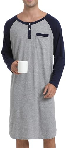 Enjoyoself Chemise de Nuit Homme Hauts de Pyjama Tee-Shirt Longueur Genou Manches Longues Col V avec Boutons Vêtements d'Intérieur Douce Confortable Grande Taille Gris+Bleu Marine L