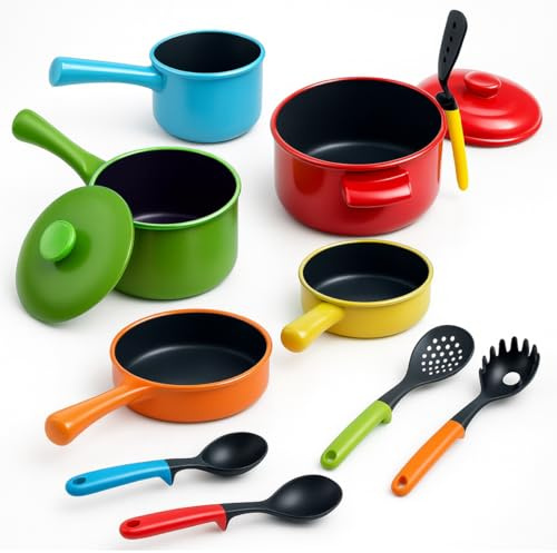 Toyana 12 PCs Toy Kitchen Accessories for Kids, Colorful Pretend Play Pots, Pans & Utensils Set, Complete Cookware for Role Play Cooking, Imaginative Playset Gift for Children 3+ Years