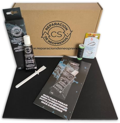 Kit reparación Neopreno Completo | Incluye Pegamento Profesional 30 g, Aguja Curva, Hilo Resistente y Parche Neopreno 5 mm 28×20 cm | Repara Trajes de Buceo, Surf, barrancos | Guía y Asesoramiento QR