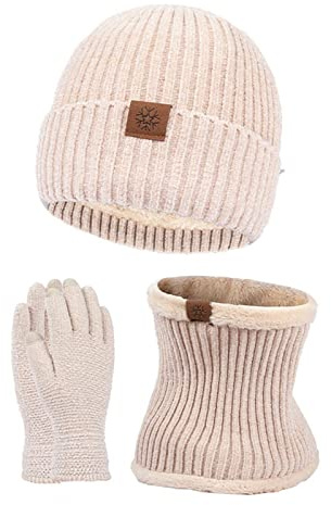Vinter halsduk hatt & handskar set vinter hatt halsduk handskar tre plysch skärm utomhus kall säker förtjockad stickad mössa kallt väder accessoarer kläder, Khaki, one size