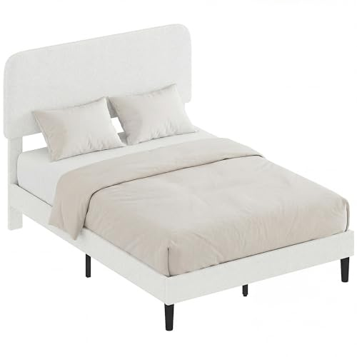 HOMCOM Cama Tapizada en Borreguito, 135x190 cm, Cama Matrimonio con Cabecero Ajustable en Altura, Listones de Madera, Blanco