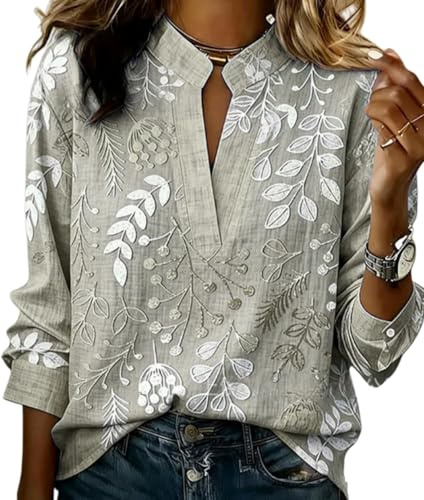 Generisch Blusa floral para mujer, manga larga, holgada, cuello en V, estilo bohemio, informal, ligera, cuello alto, túnica, camisa estampada